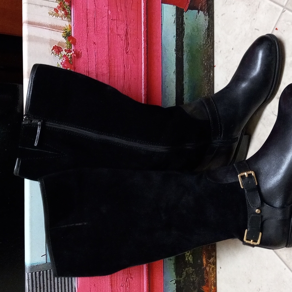 Lauren Ralph Lauren MARION Boots Black Leather/Suede Flat 6B Buckle Zip - Picture 2 of 10